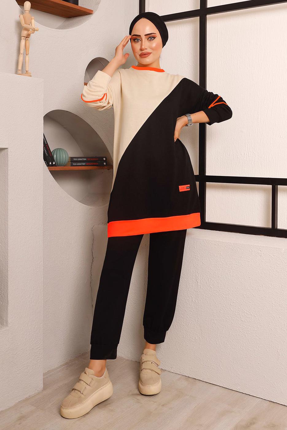 Tesettür giyim SİYAH BELİ LASTİKLİ İKİLİ PANTOLON TAKIM T 4072