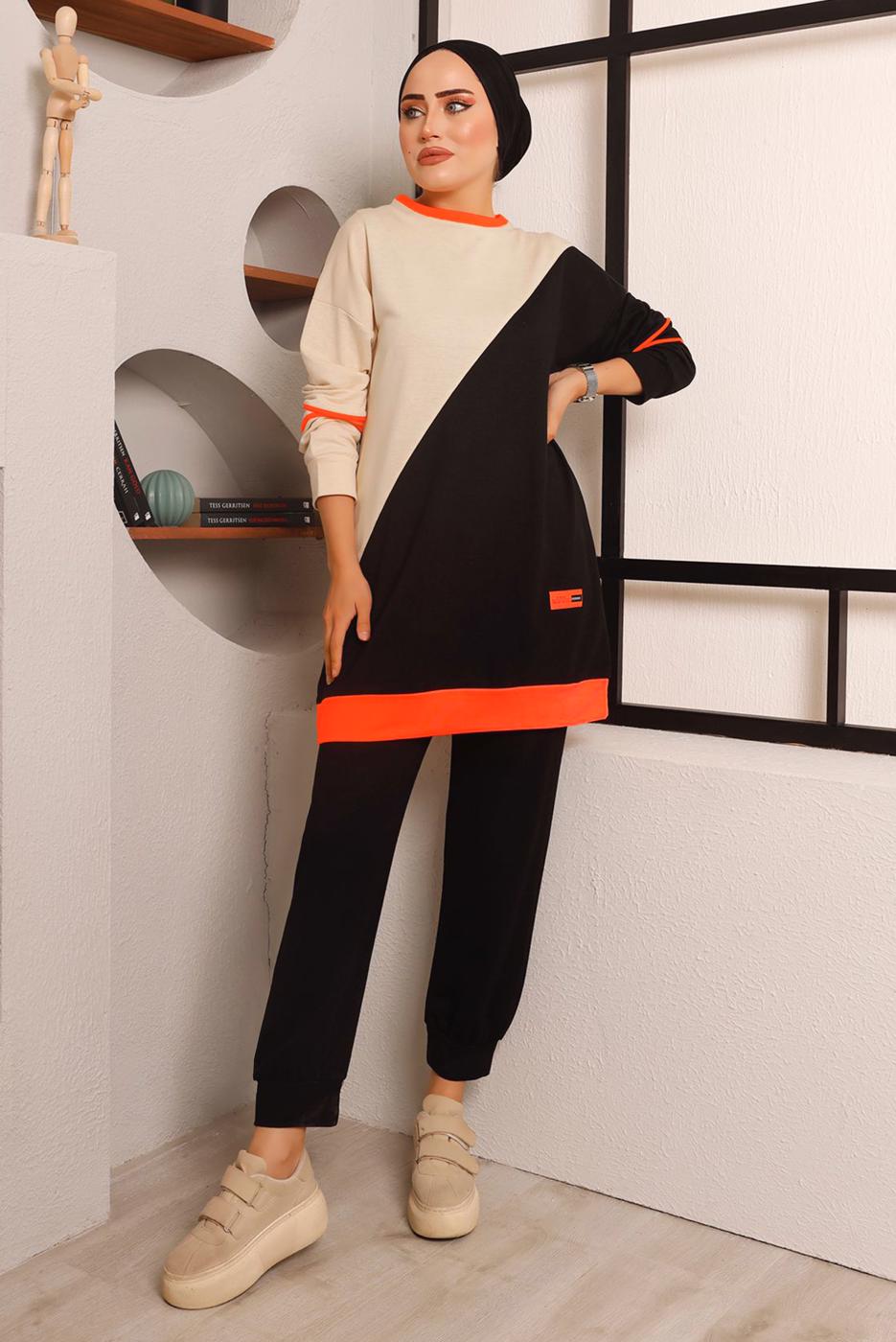 Tesettür giyim SİYAH BELİ LASTİKLİ İKİLİ PANTOLON TAKIM T 4072