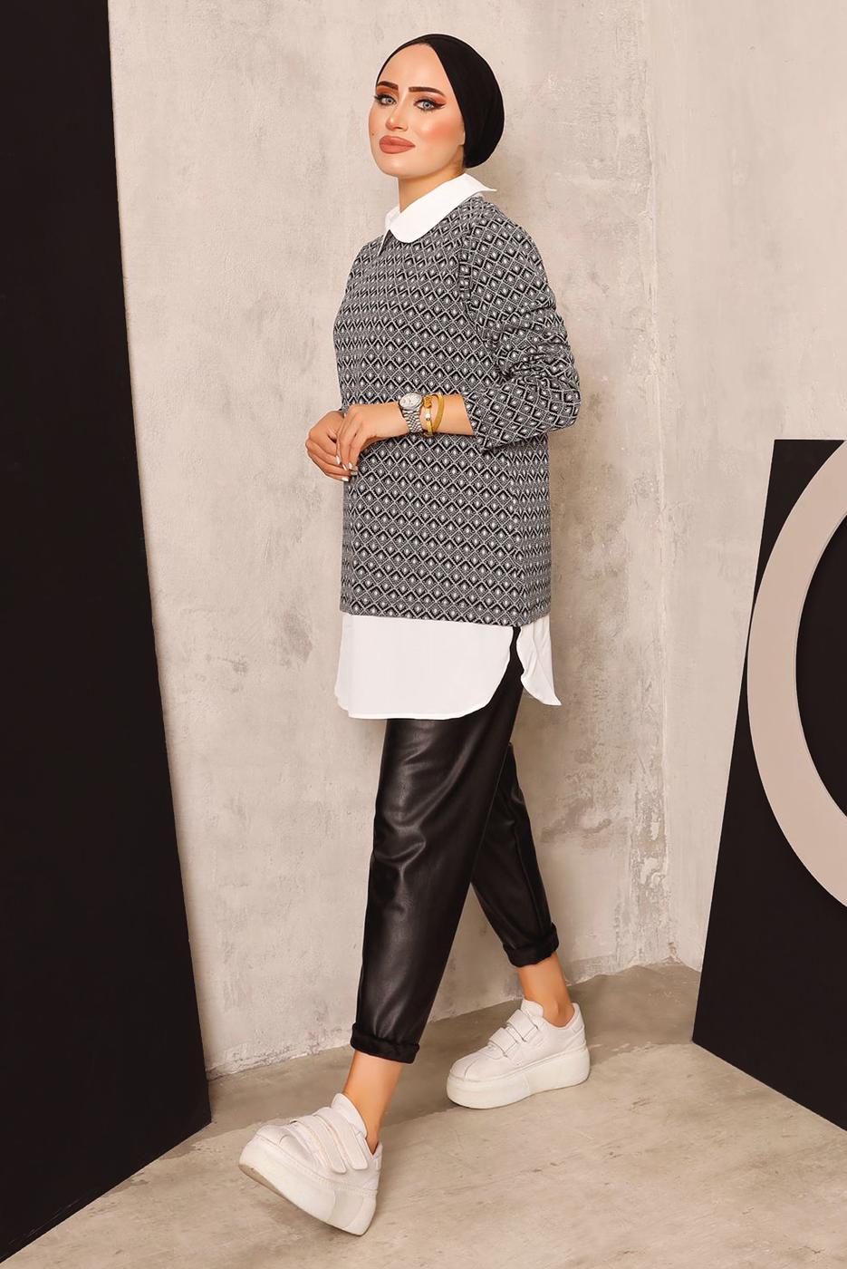 Tesettür giyim BEYAZ DESENLİ TUNİK 5282