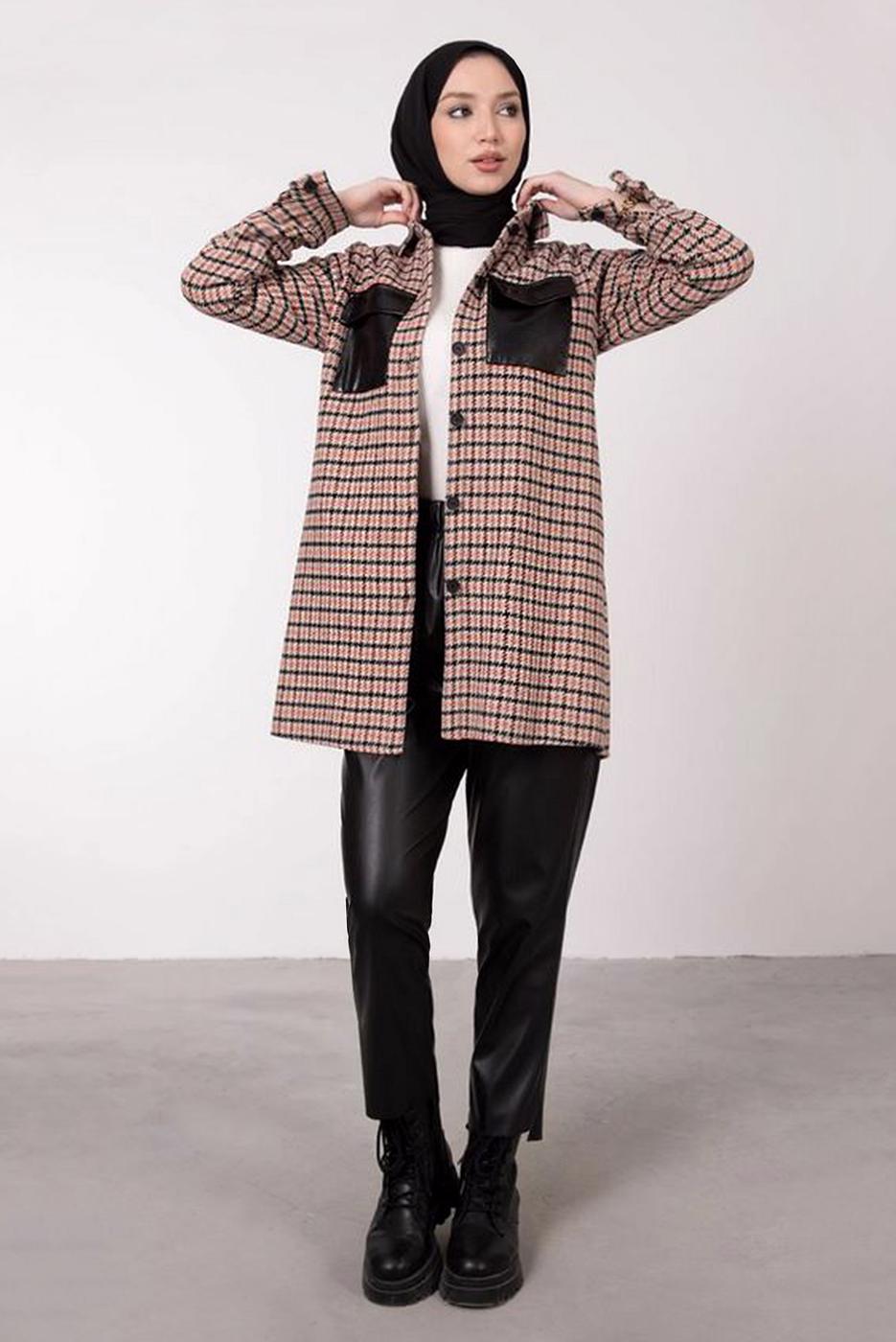 Tesettür giyim BEJ DERİ DETAYLI EKOSE TUNİK 7385 