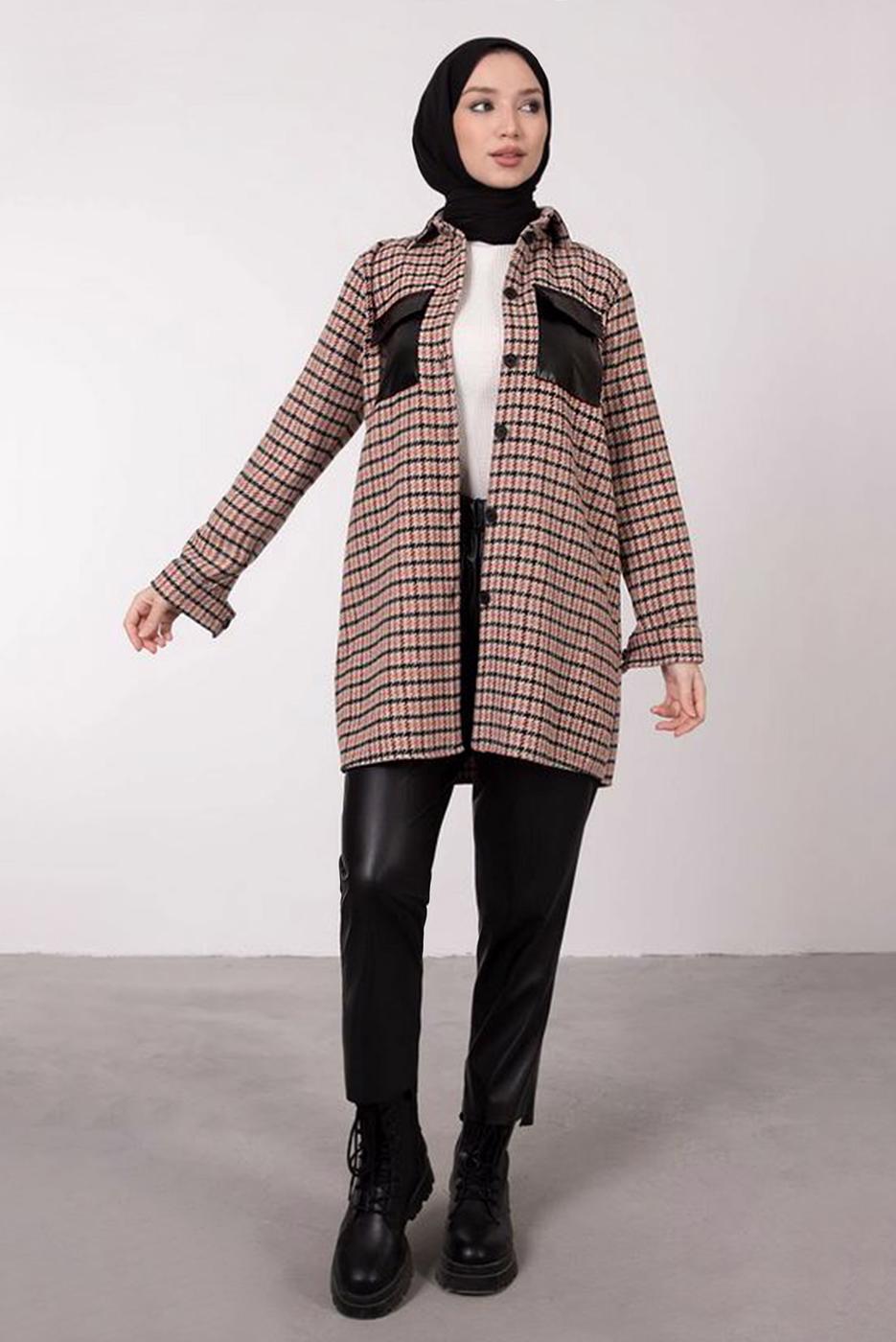 Tesettür giyim BEJ DERİ DETAYLI EKOSE TUNİK 7385 