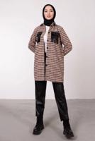 Tesettür giyim BEJ DERİ DETAYLI EKOSE TUNİK 7385 