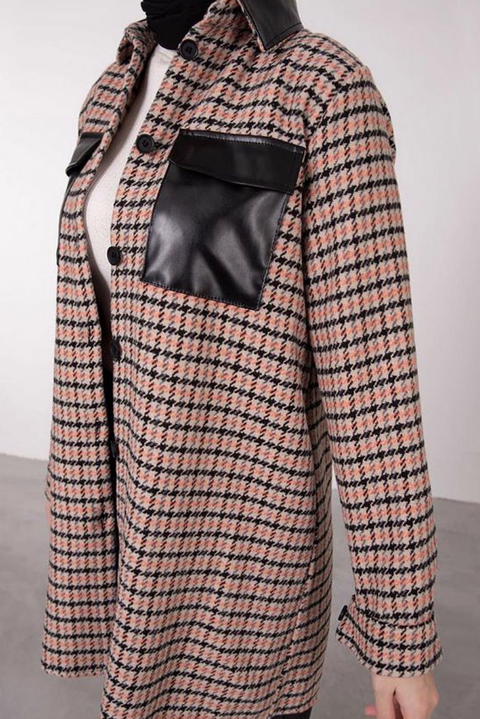 Tesettür giyim BEJ DERİ DETAYLI EKOSE TUNİK 7385 