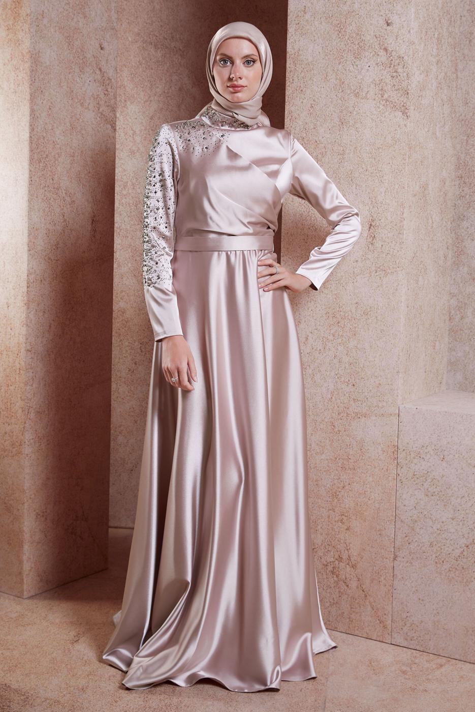 Tesettür giyim PUDRA ALVİNA SATEN TESETTÜR ABİYE ELBİSE T 50218