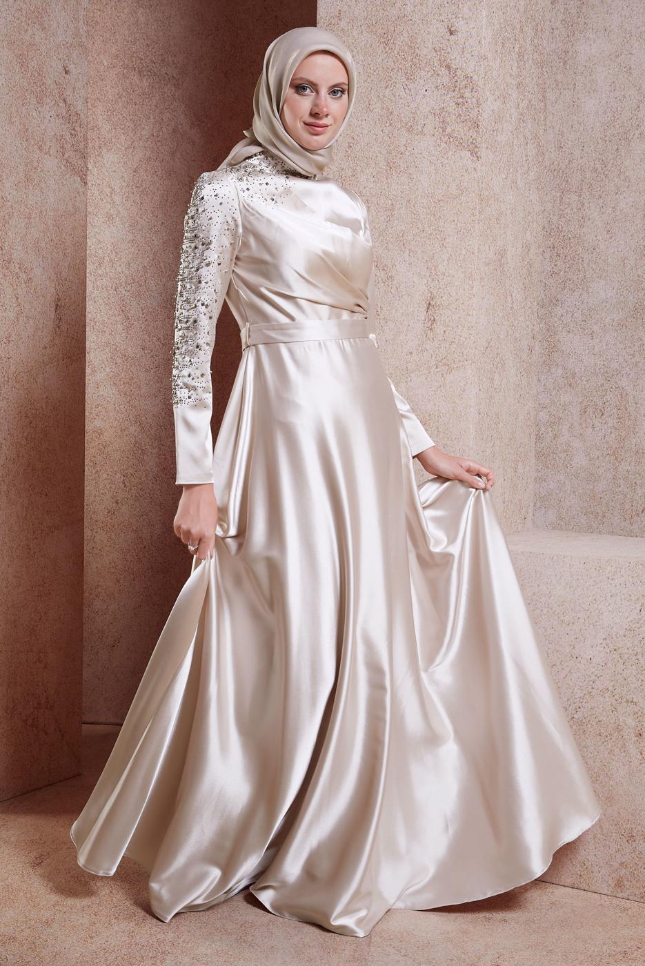 Tesettür giyim BEJ ALVİNA SATEN TESETTÜR ABİYE ELBİSE T 50218