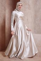 Tesettür giyim BEJ ALVİNA SATEN TESETTÜR ABİYE ELBİSE T 50218