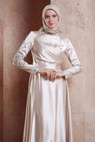 Tesettür giyim BEJ ALVİNA SATEN TESETTÜR ABİYE ELBİSE T 50218