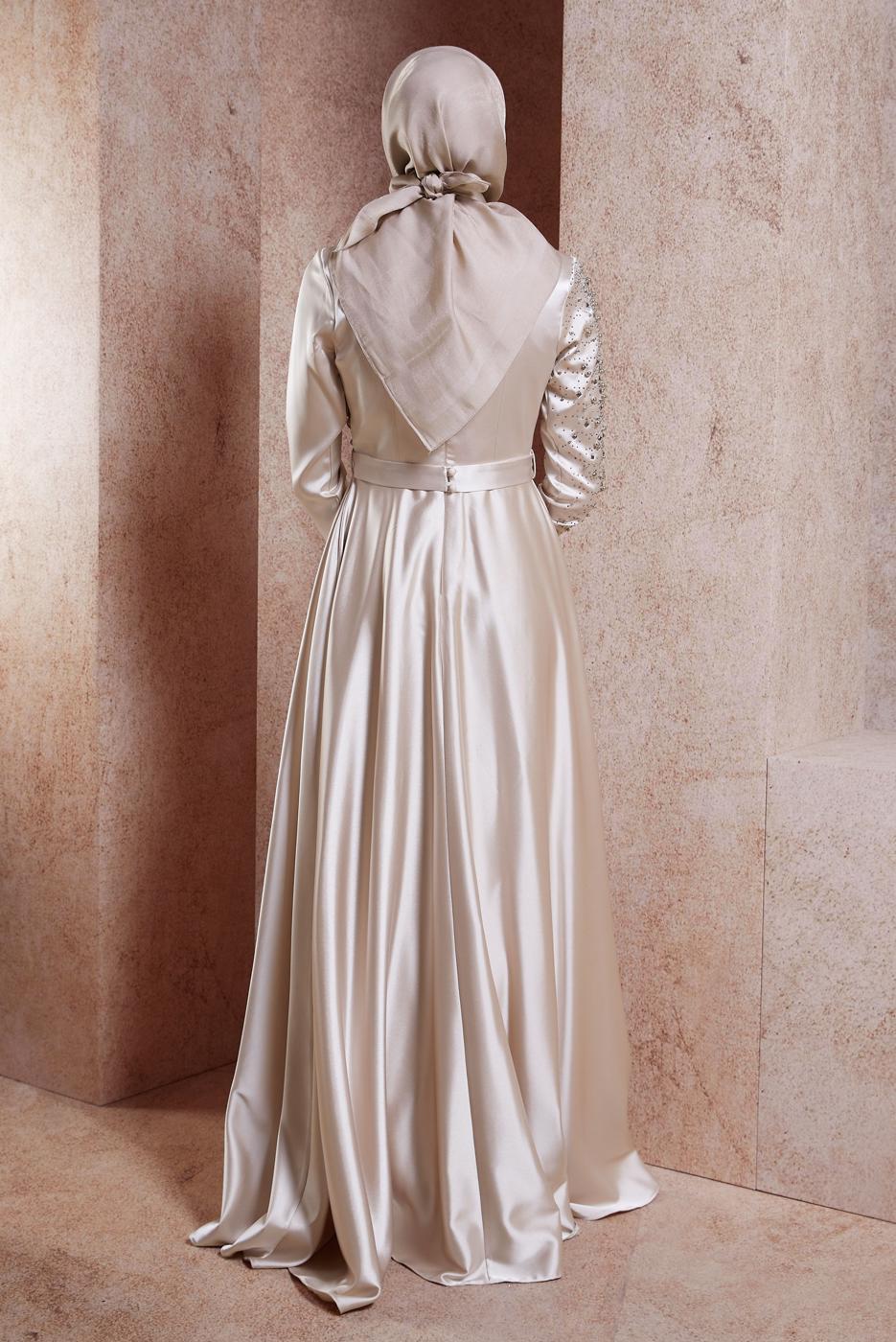 Tesettür giyim BEJ ALVİNA SATEN TESETTÜR ABİYE ELBİSE T 50218