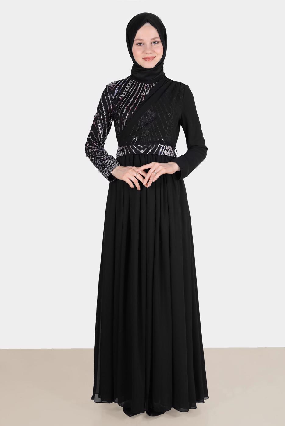 Tesettür giyim FUŞYA ALVİNA TAŞ DETAYLI ABİYE ELBİSE T 50222 