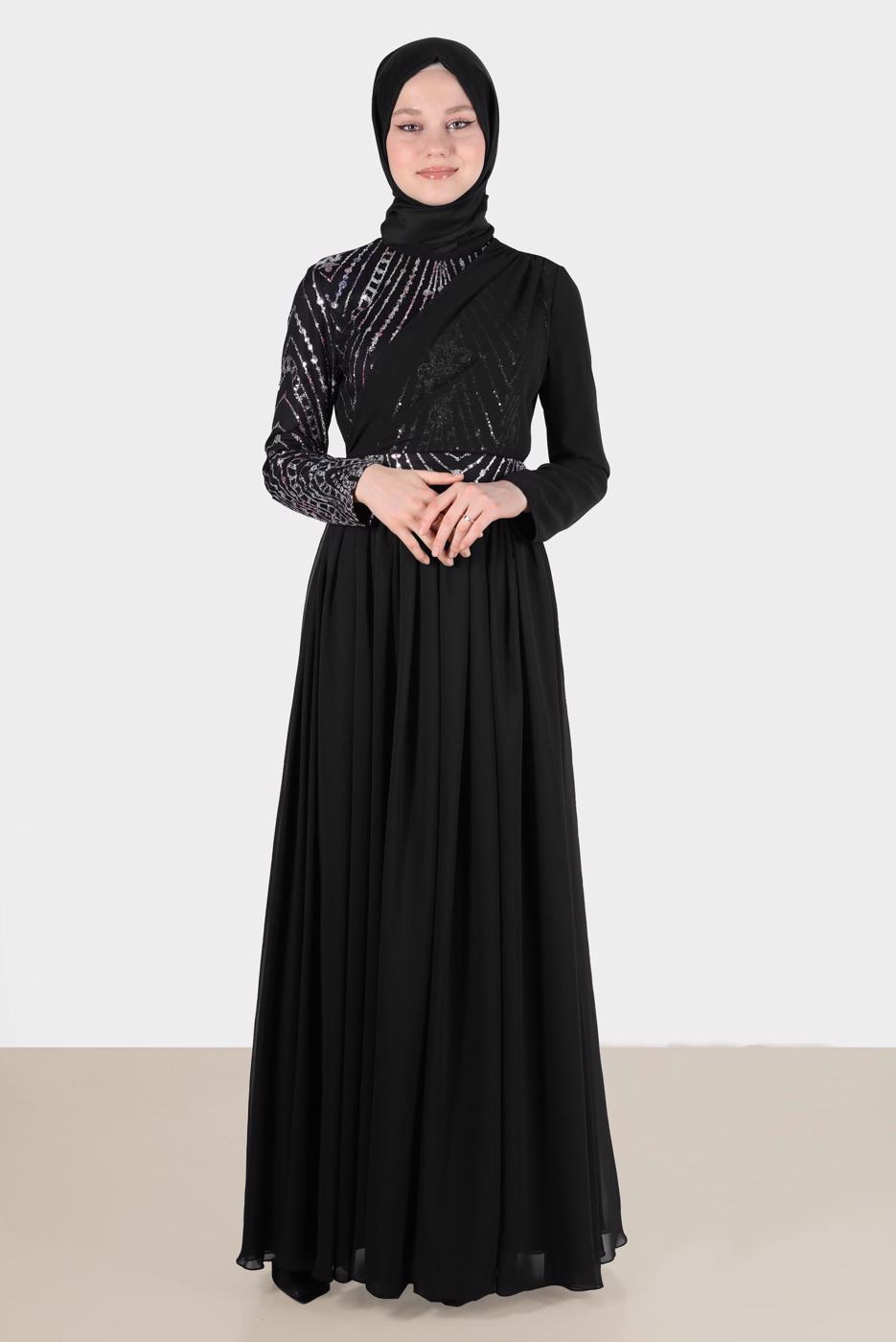 Tesettür giyim PUDRA ALVİNA TAŞ DETAYLI ABİYE ELBİSE T 50222 