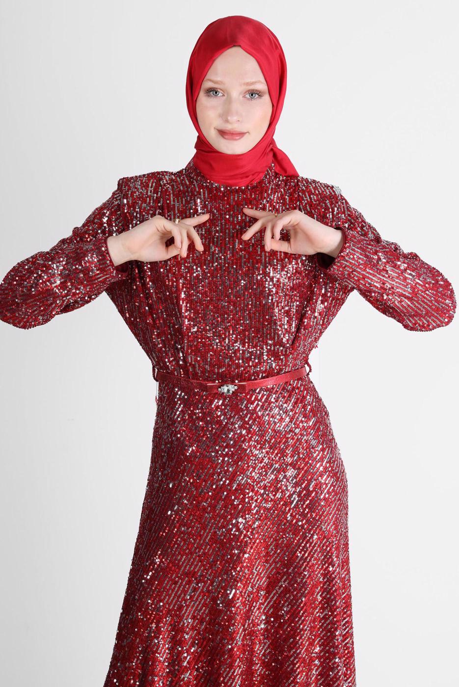 Tesettür giyim KIRMIZI ALVİNA PUL PAYETLİ ABİYE ELBİSE T 50235