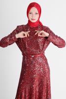 Tesettür giyim KIRMIZI ALVİNA PUL PAYETLİ ABİYE ELBİSE T 50235