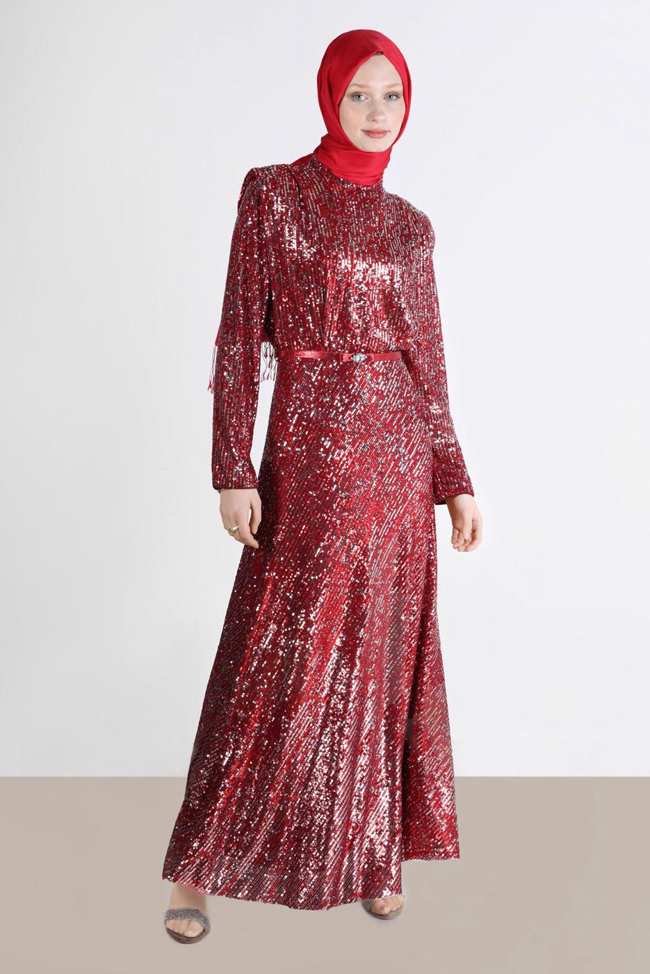 Tesettür giyim KIRMIZI ALVİNA PUL PAYETLİ ABİYE ELBİSE T 50235