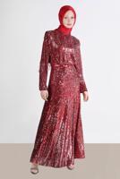 Tesettür giyim KIRMIZI ALVİNA PUL PAYETLİ ABİYE ELBİSE T 50235