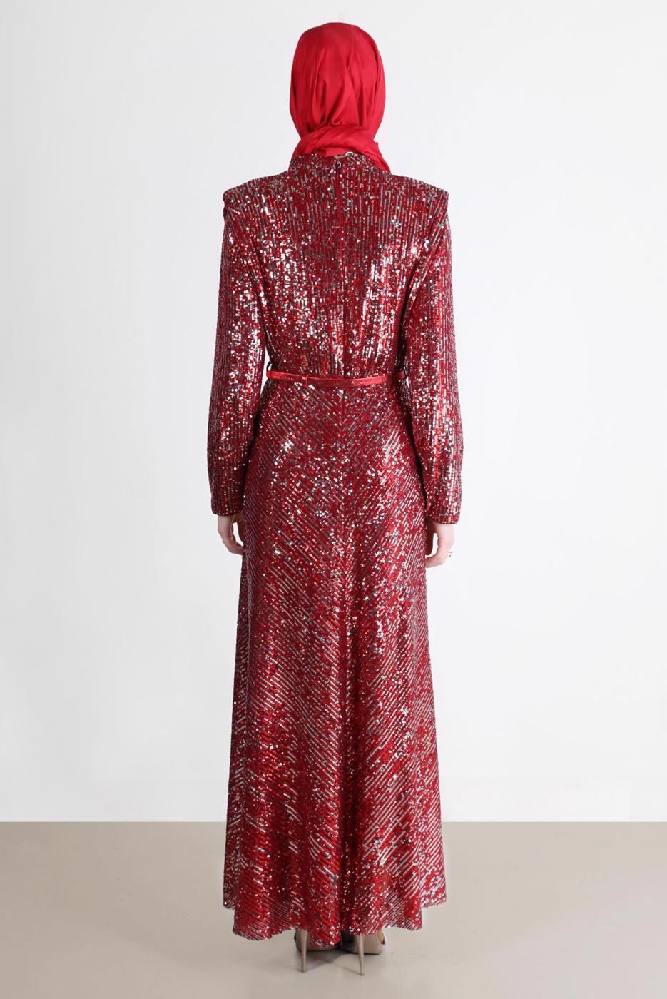 Tesettür giyim KIRMIZI ALVİNA PUL PAYETLİ ABİYE ELBİSE T 50235