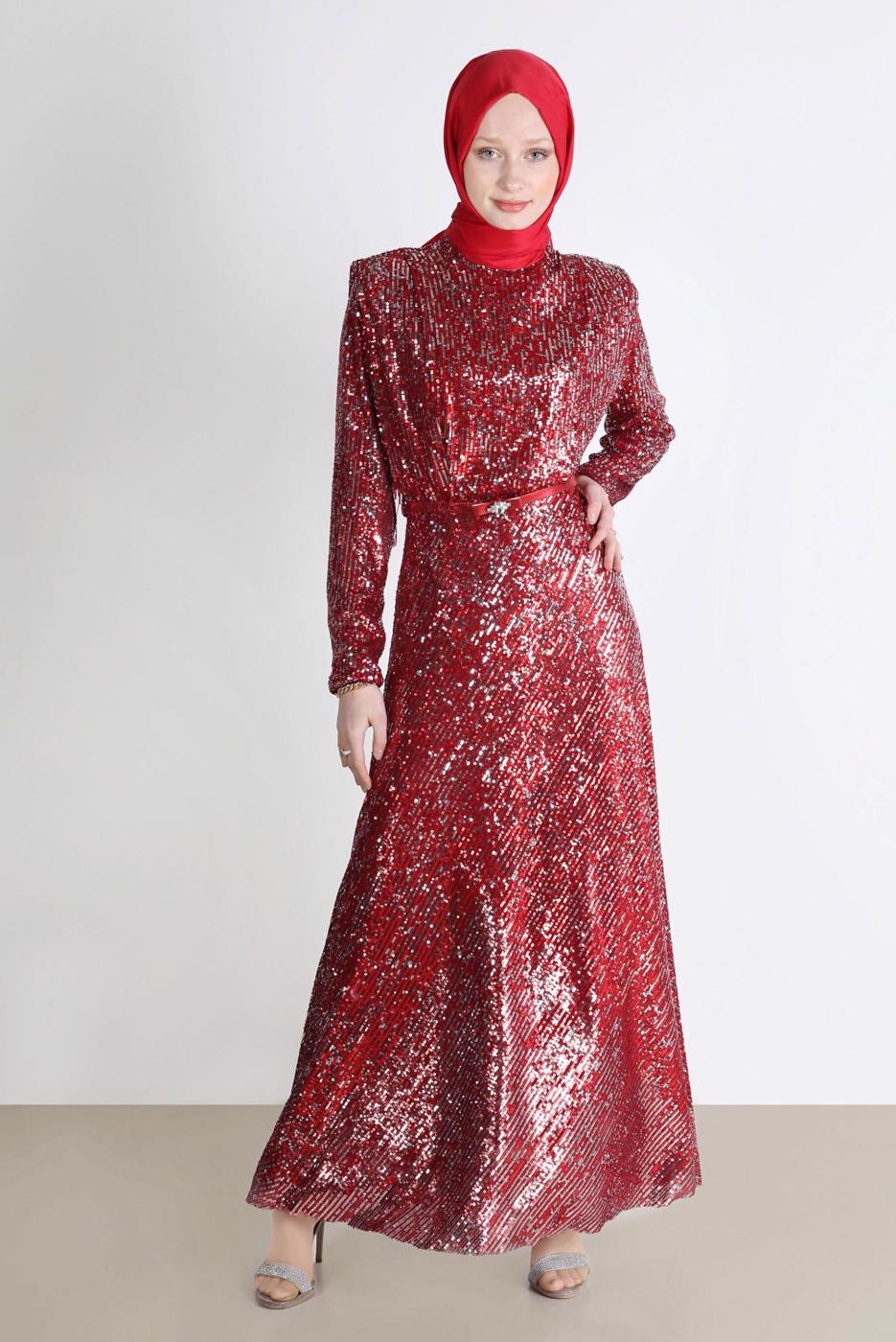 Tesettür giyim KIRMIZI ALVİNA PUL PAYETLİ ABİYE ELBİSE T 50235