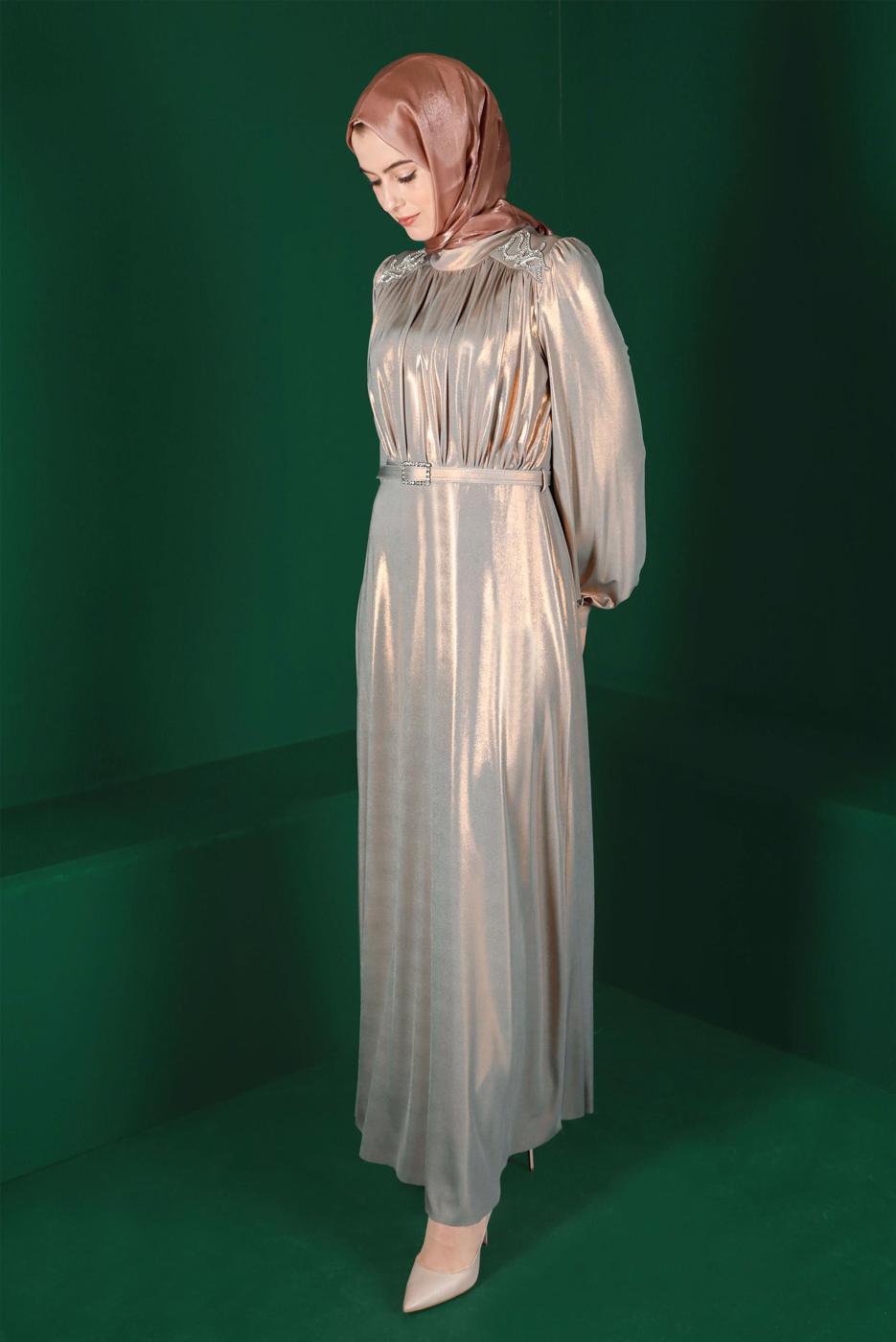 Tesettür giyim ALTIN ALVİNA KEMERLİ ABİYE ELBİSE T 50247