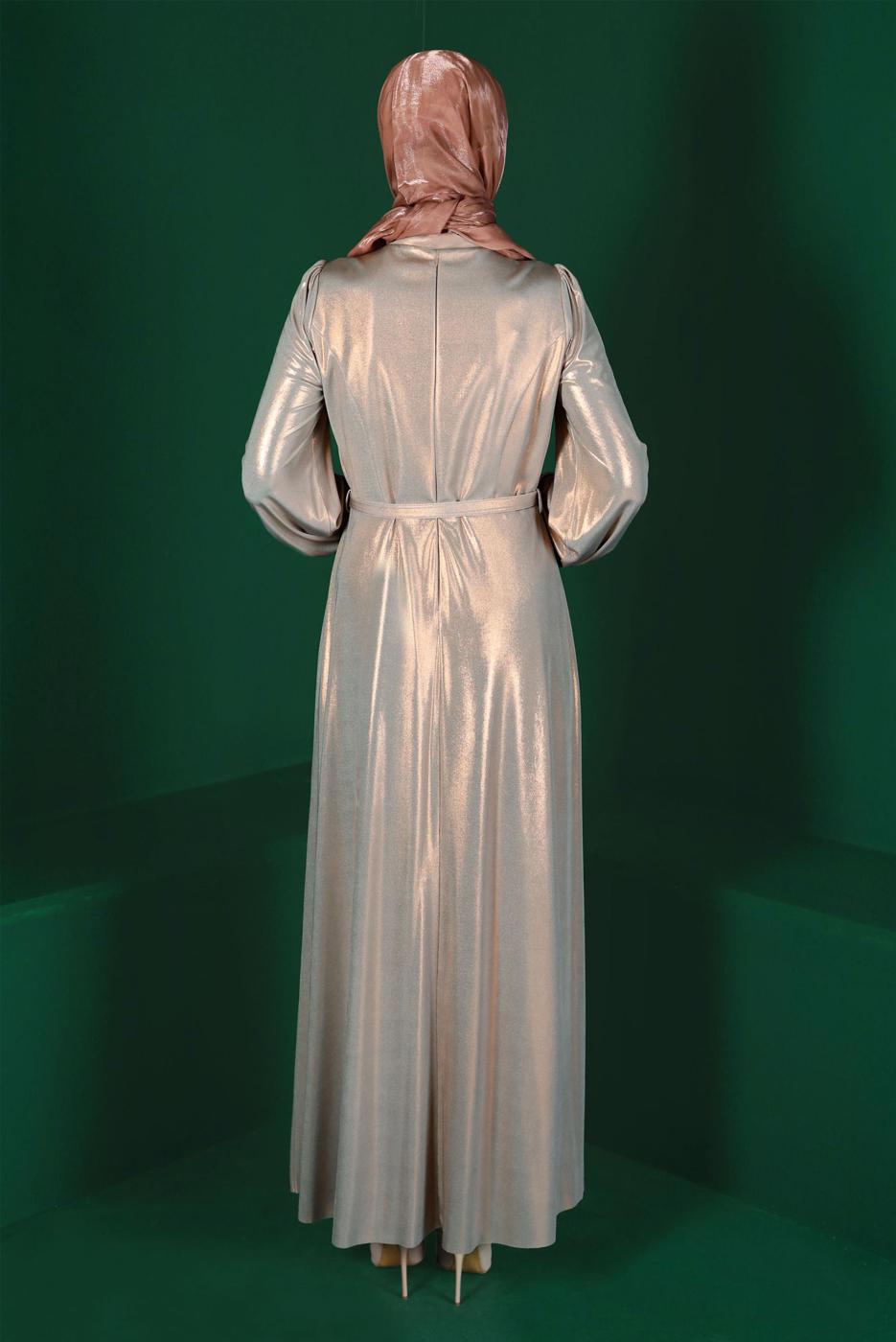 Tesettür giyim ALTIN ALVİNA KEMERLİ ABİYE ELBİSE T 50247