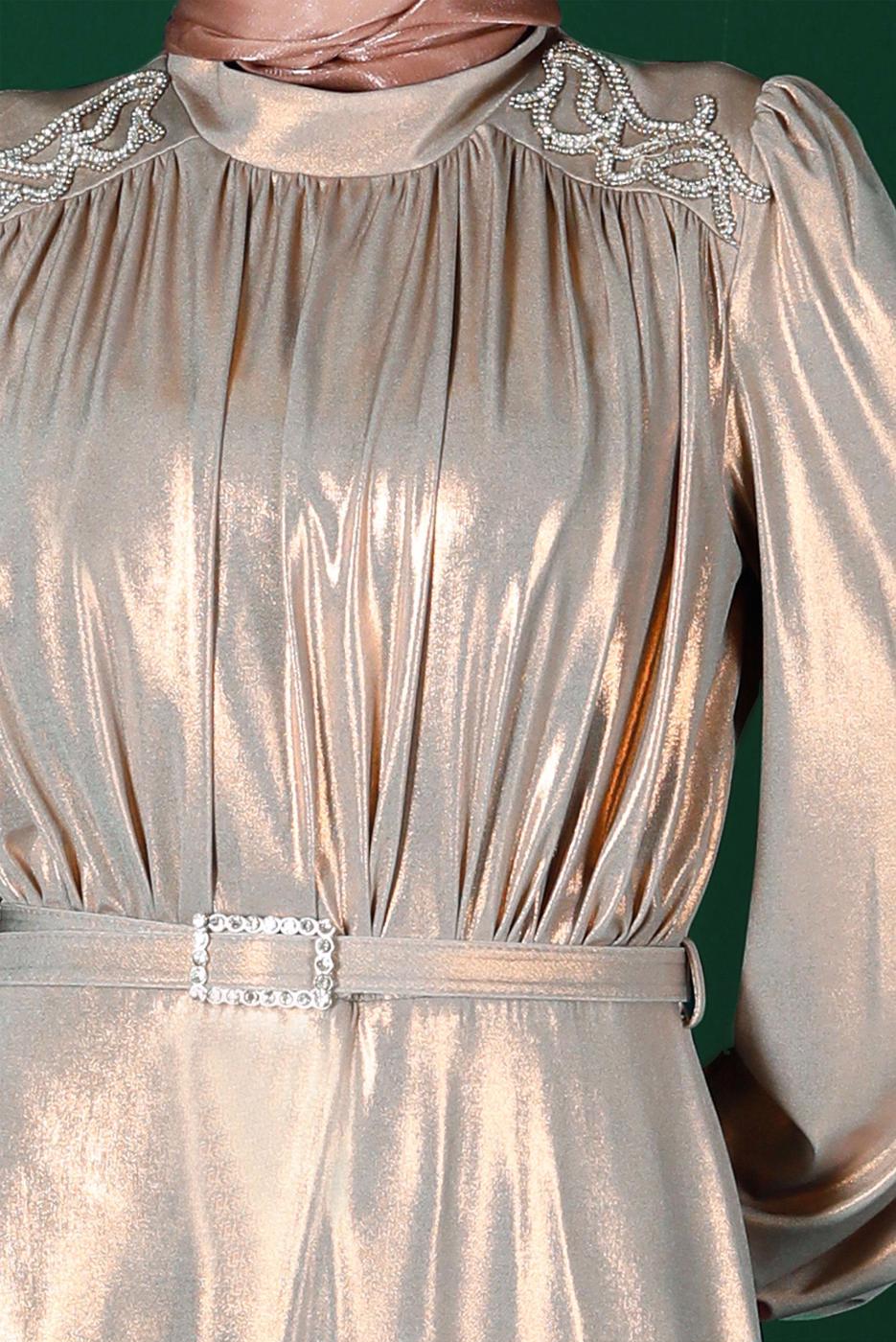 Tesettür giyim ALTIN ALVİNA KEMERLİ ABİYE ELBİSE T 50247