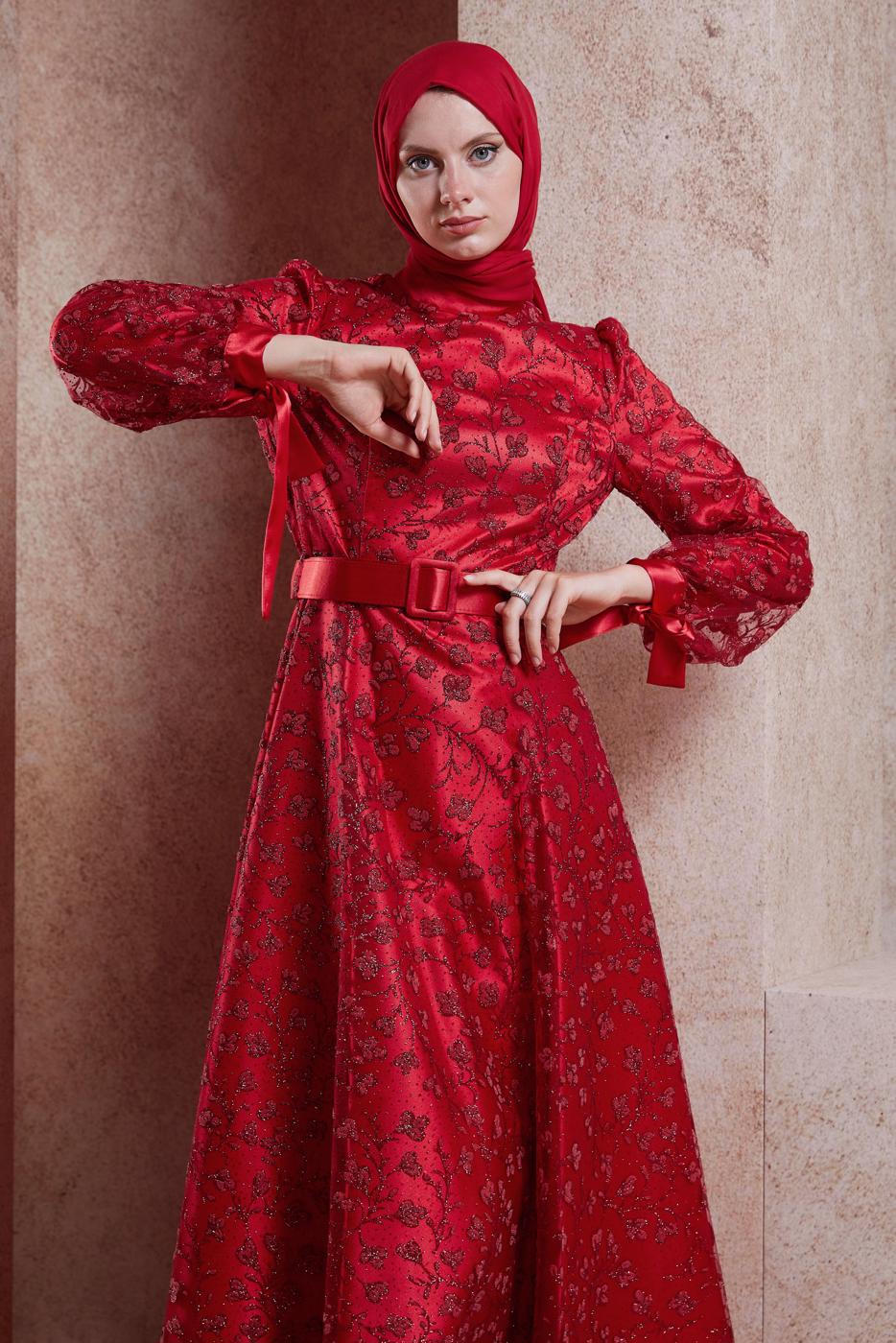 Tesettür giyim KIRMIZI ALVİNA TESETTÜR ABİYE ELBİSE T 50266