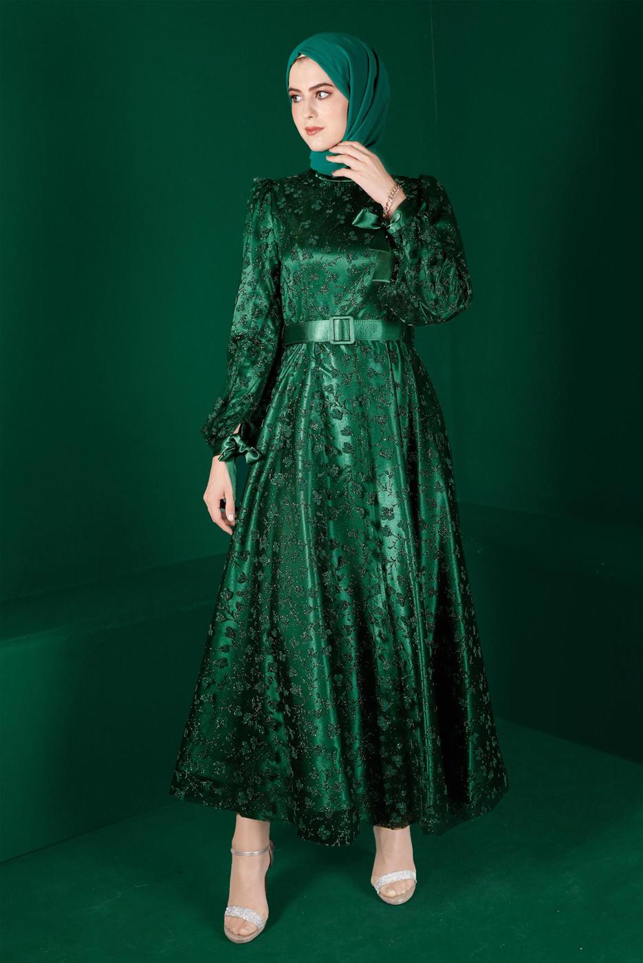 Tesettür giyim YEŞİL ALVİNA TESETTÜR ABİYE ELBİSE T 50266