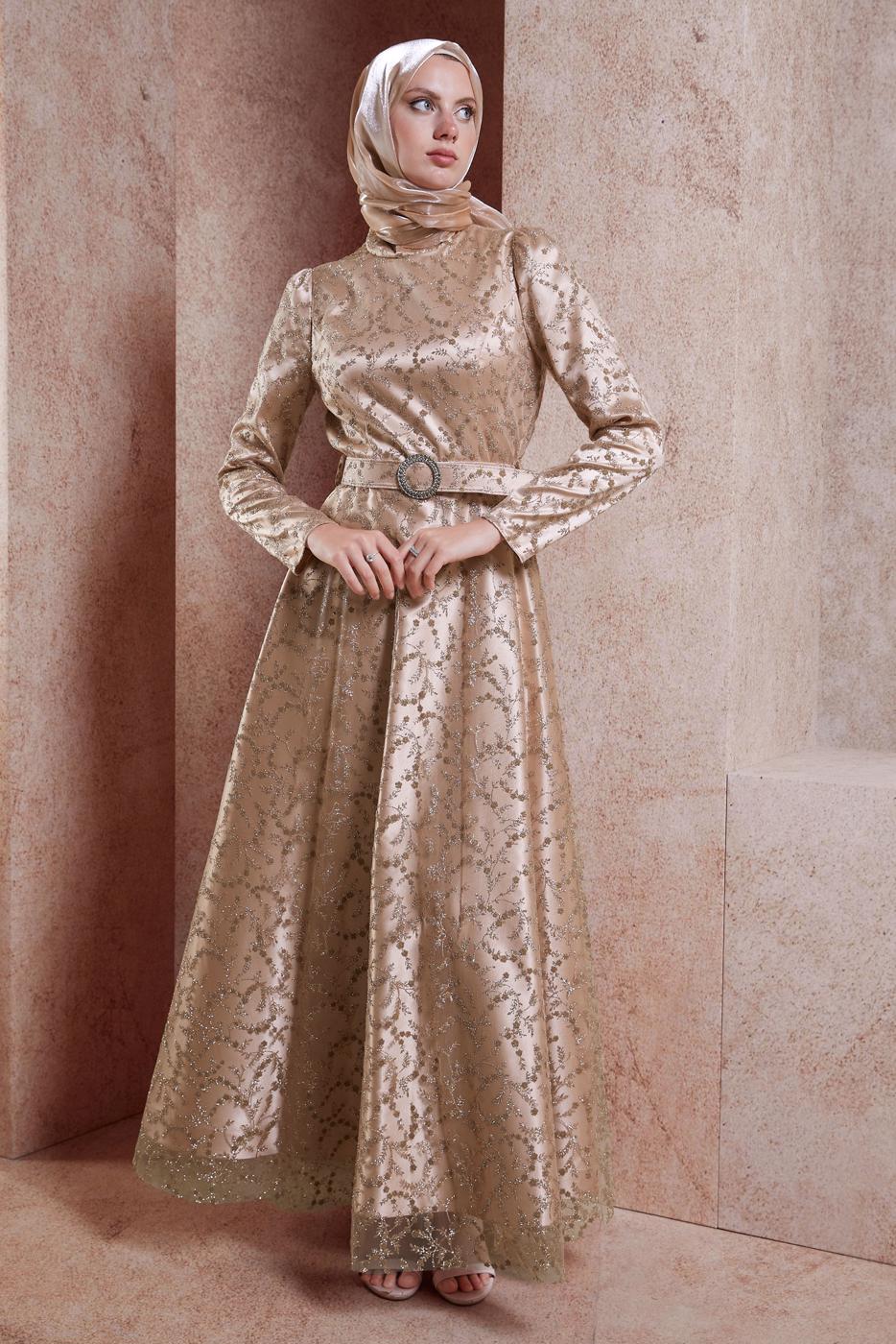 Tesettür giyim ALTIN ALVİNA TESETTÜR ABİYE ELBİSE T 50268