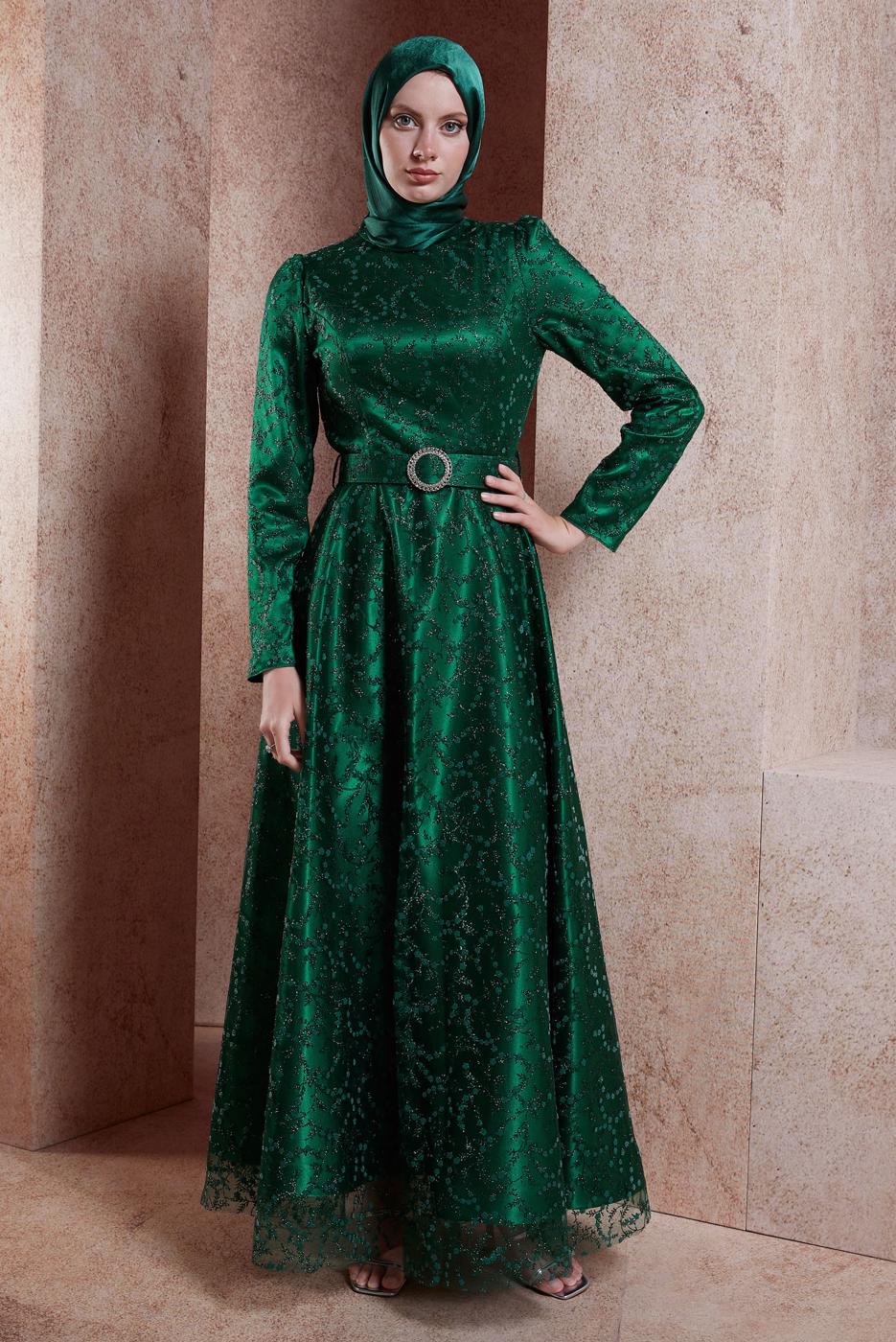 Tesettür giyim YEŞİL ALVİNA TESETTÜR ABİYE ELBİSE T 50268