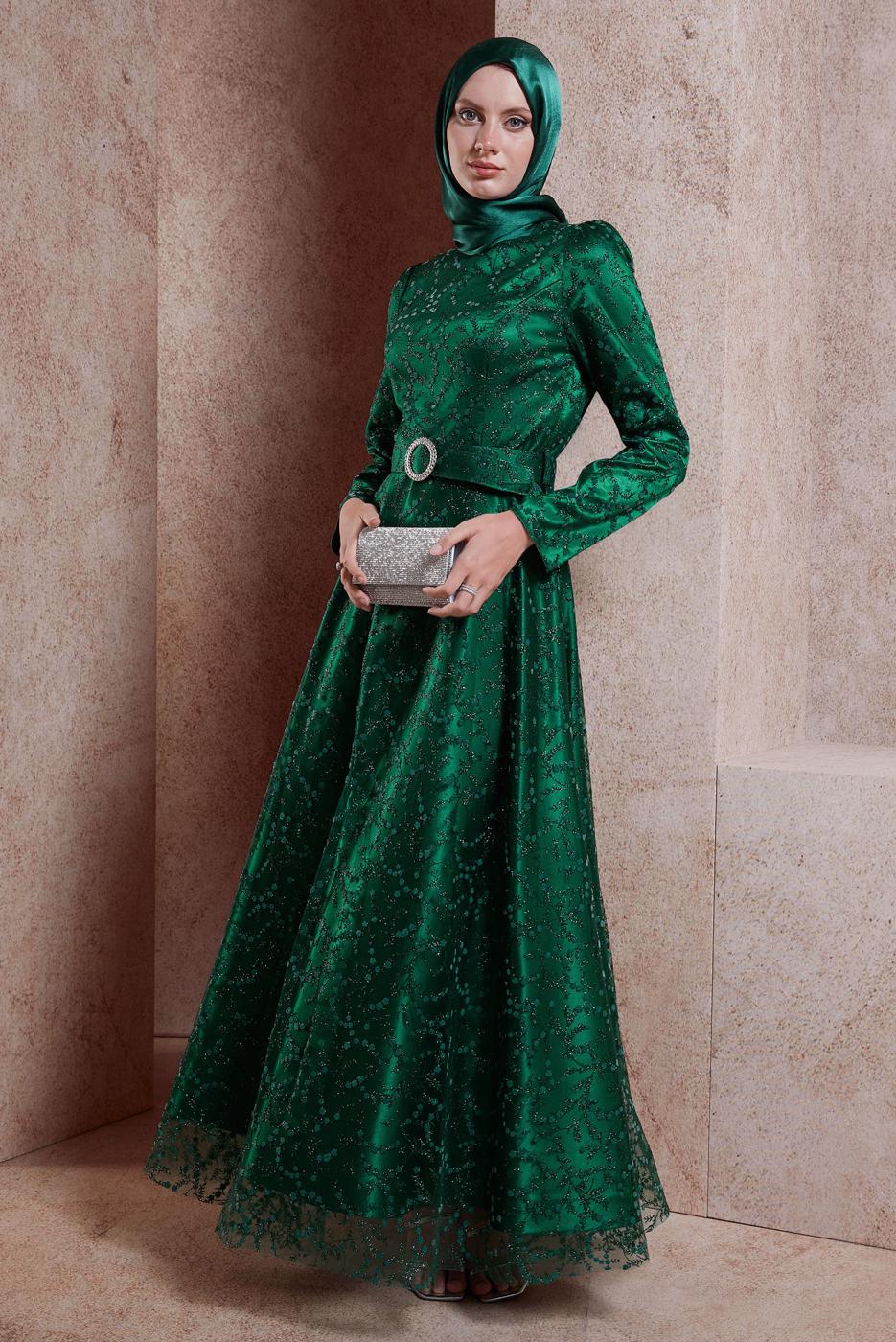 Tesettür giyim YEŞİL ALVİNA TESETTÜR ABİYE ELBİSE T 50268