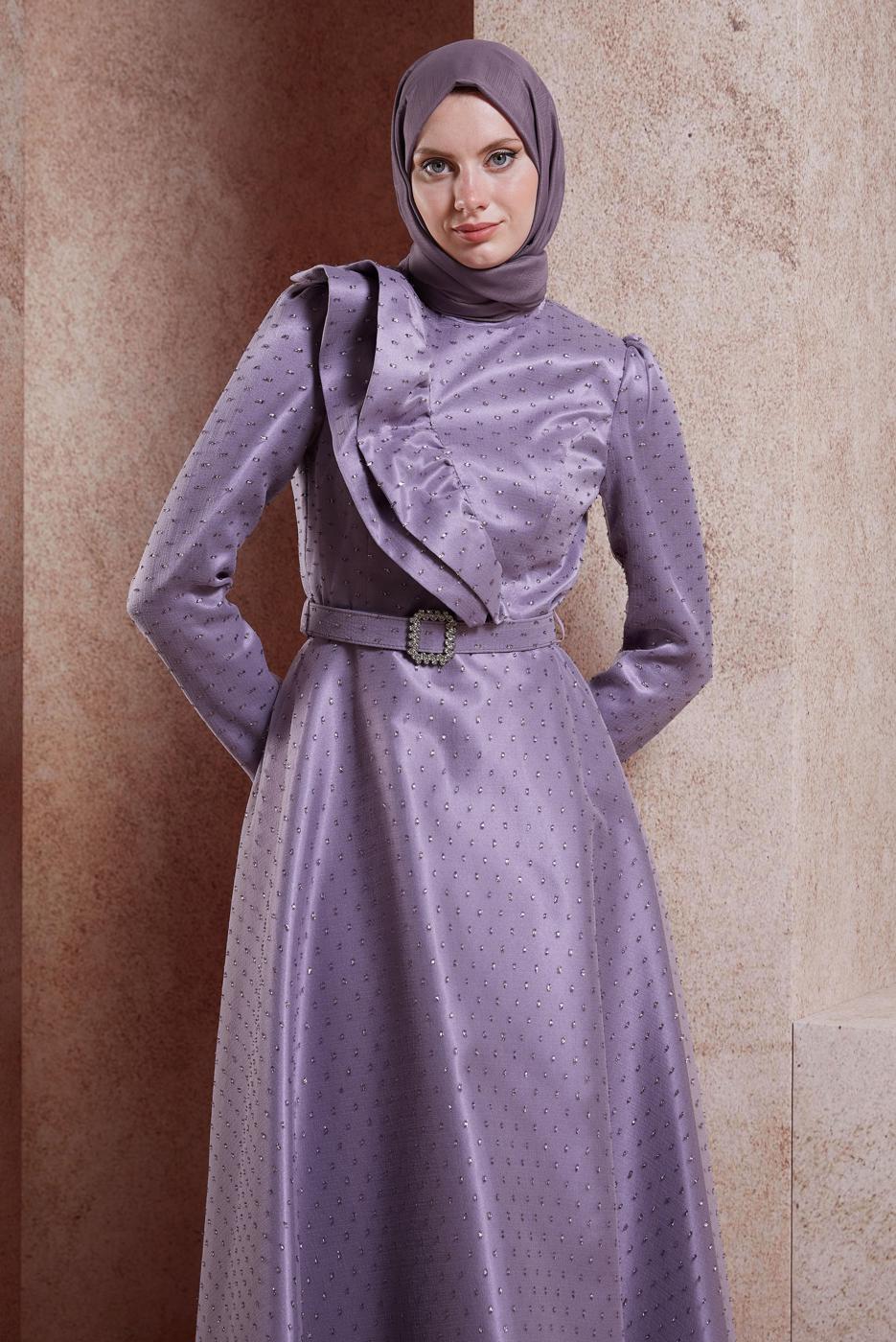 Tesettür giyim MOR ALVİNA KEMERLİ ABİYE ELBİSE T 50271