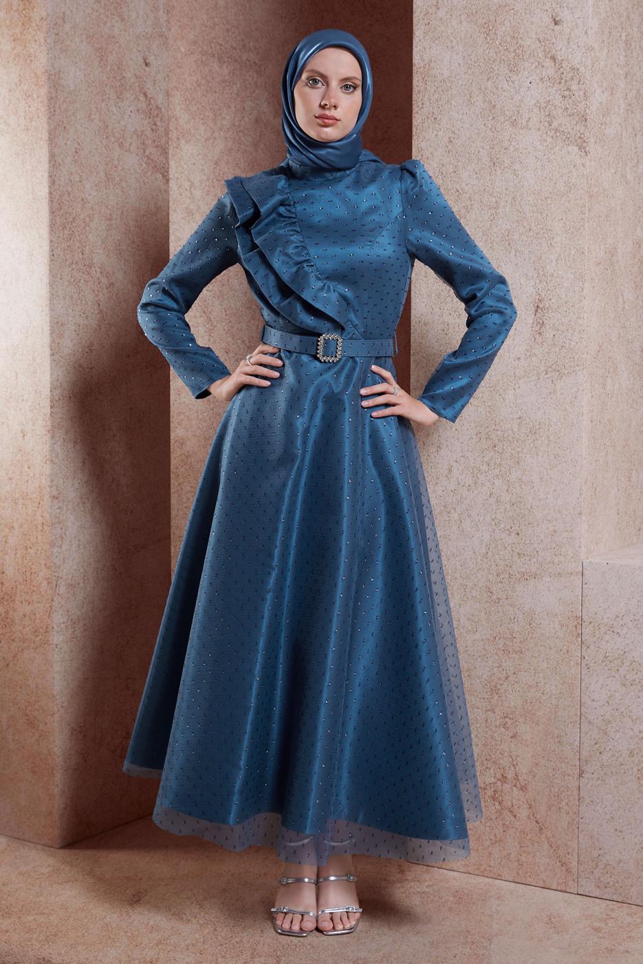 Tesettür giyim LACİVERT ALVİNA KEMERLİ ABİYE ELBİSE T 50271