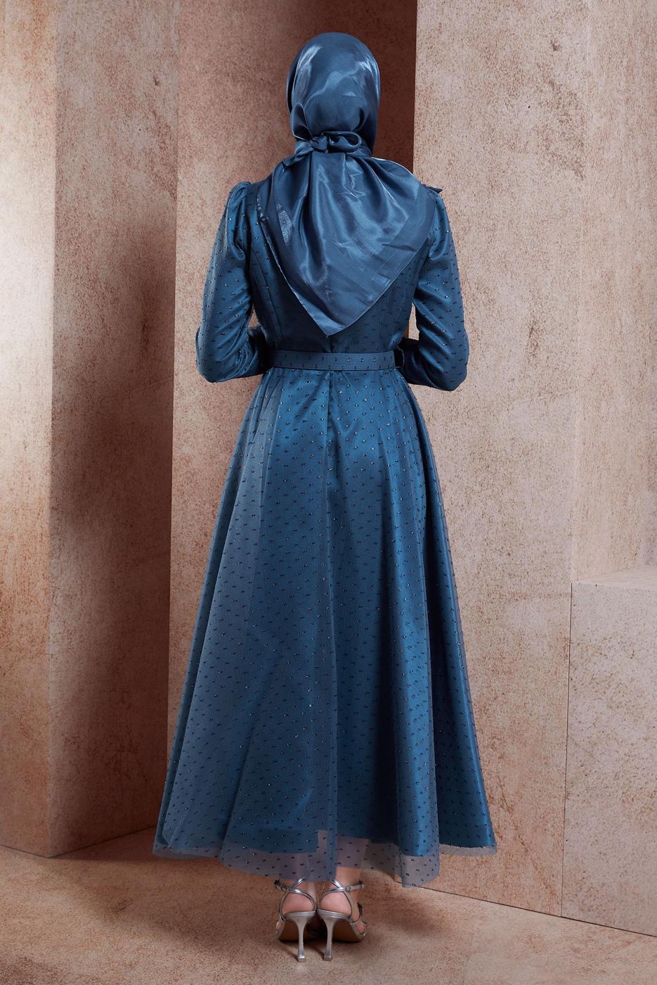 Tesettür giyim LACİVERT ALVİNA KEMERLİ ABİYE ELBİSE T 50271