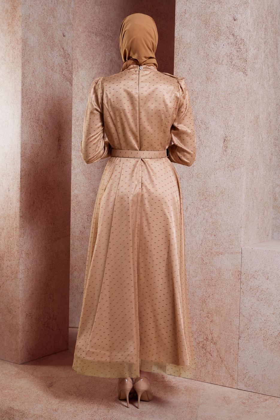 Tesettür giyim KAHVE ALVİNA KEMERLİ ABİYE ELBİSE T 50271