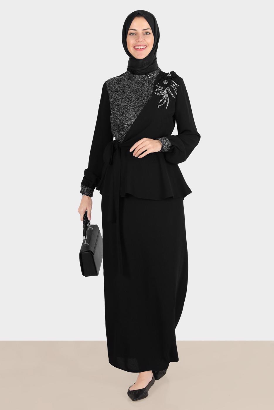 Hijab clothing BLACK ALVINA GEM DETAILED SKIRTED SUIT T 30282
