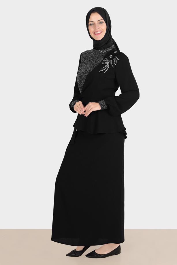 Hijab clothing BLACK ALVINA GEM DETAILED SKIRTED SUIT T 30282 - TRENDTESETTÜR