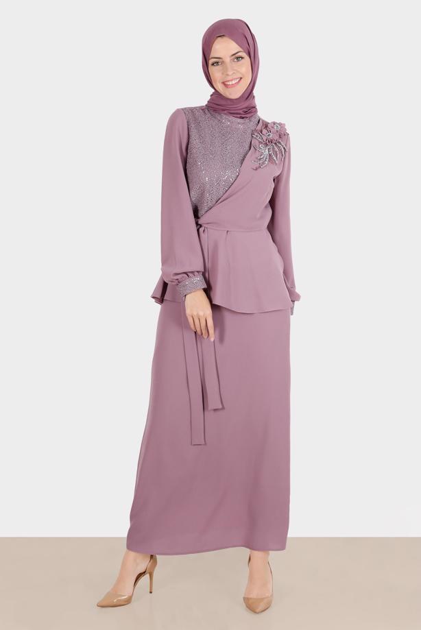 Hijab clothing PURPLE ALVINA GEM DETAILED SKIRTED SUIT T 30282 - TRENDTESETTÜR
