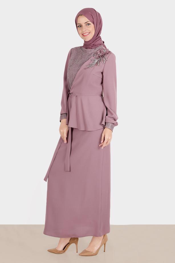 Hijab clothing PURPLE ALVINA GEM DETAILED SKIRTED SUIT T 30282 - TRENDTESETTÜR