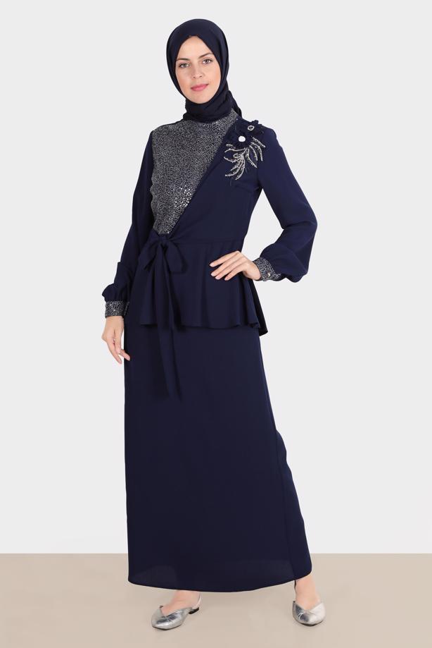 Hijab clothing NAVY BLUE ALVINA GEM DETAILED SKIRTED SUIT T 30282 - TRENDTESETTÜR