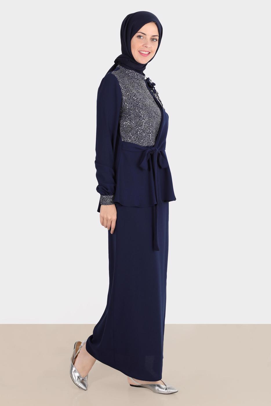 Hijab clothing NAVY BLUE ALVINA GEM DETAILED SKIRTED SUIT T 30282