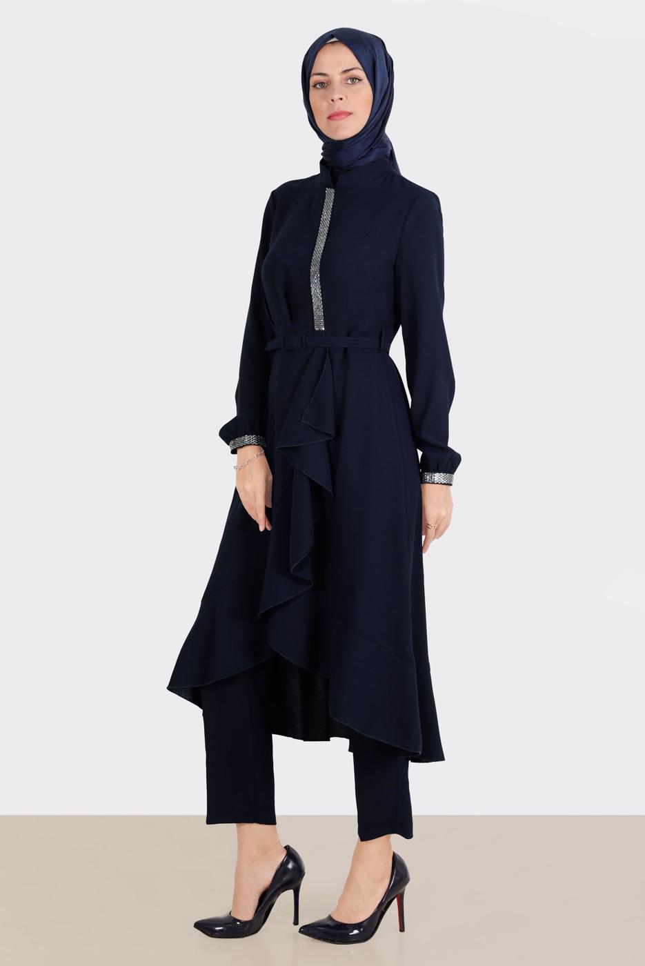 Tesettür giyim LACİVERT ALVİNA TAŞ DETAYLI PANTOLONLU TAKIM T 30260