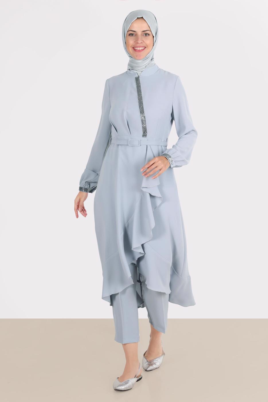 Tesettür giyim GÜMÜŞ ALVİNA TAŞ DETAYLI PANTOLONLU TAKIM T 30260