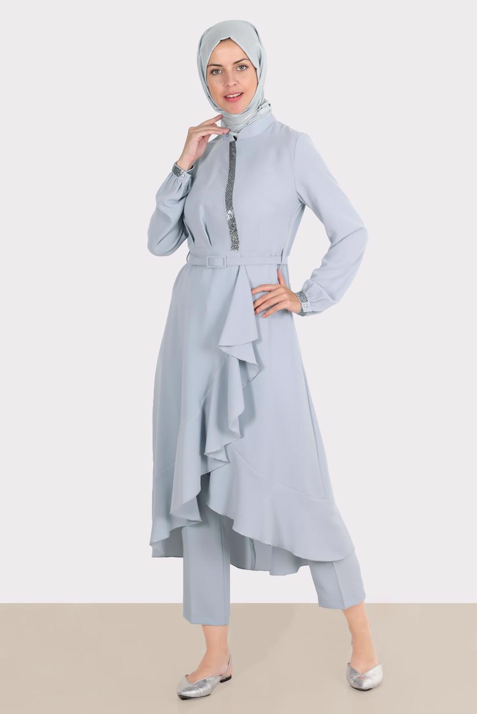 Tesettür giyim GÜMÜŞ ALVİNA TAŞ DETAYLI PANTOLONLU TAKIM T 30260