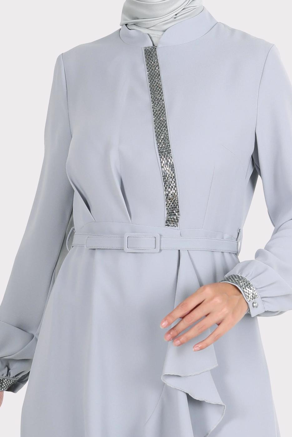 Tesettür giyim GÜMÜŞ ALVİNA TAŞ DETAYLI PANTOLONLU TAKIM T 30260