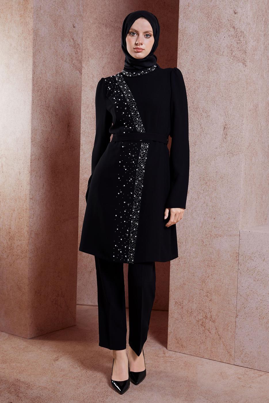 Tesettür giyim SİYAH ALVİNA TAŞLI PANTOLONLU TAKIM T 30271