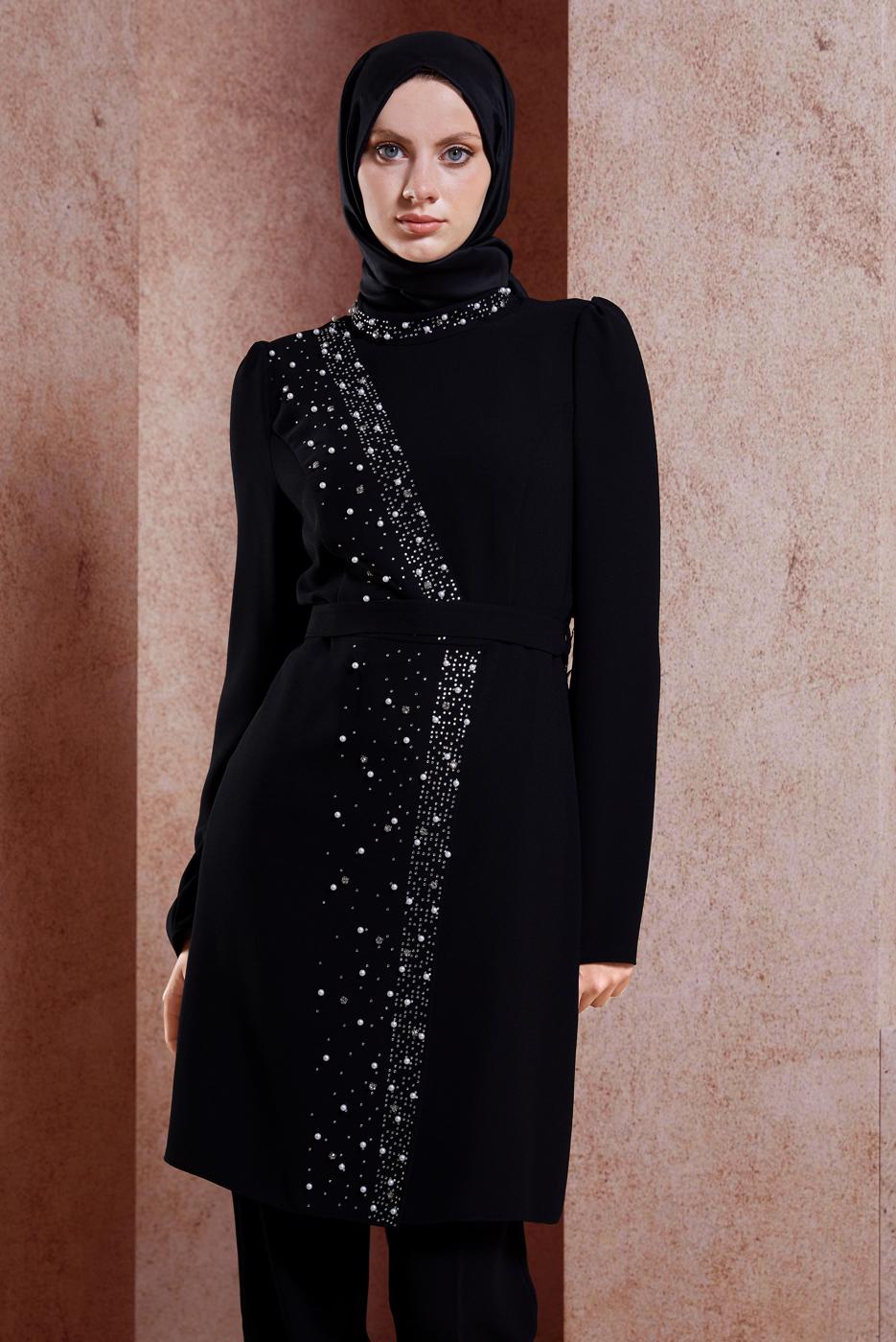 Tesettür giyim SİYAH ALVİNA TAŞLI PANTOLONLU TAKIM T 30271