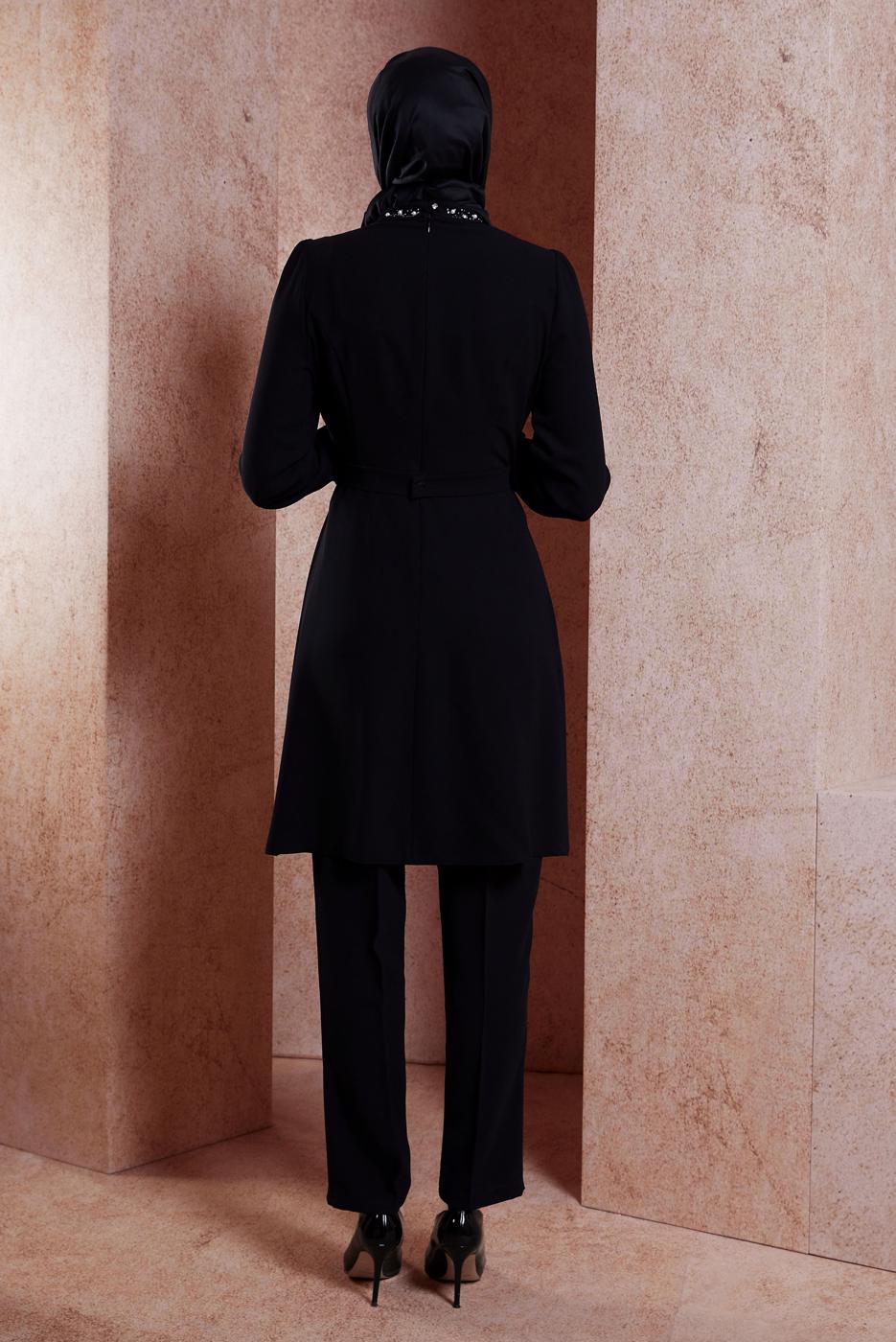 Tesettür giyim SİYAH ALVİNA TAŞLI PANTOLONLU TAKIM T 30271