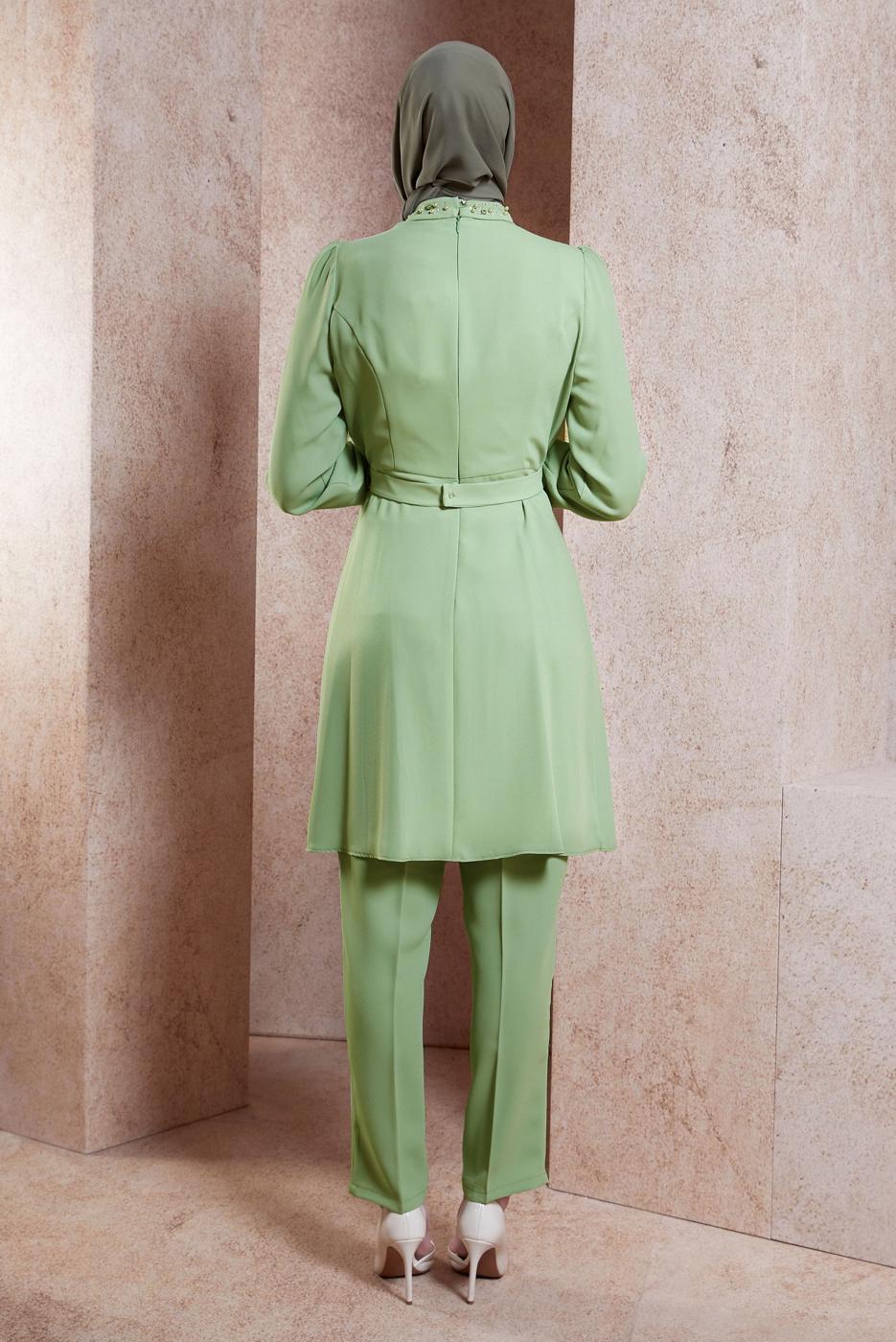 Tesettür giyim YEŞİL ALVİNA TAŞLI PANTOLONLU TAKIM T 30271