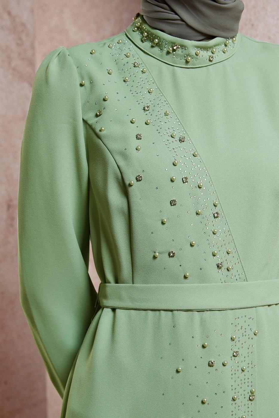 Tesettür giyim YEŞİL ALVİNA TAŞLI PANTOLONLU TAKIM T 30271