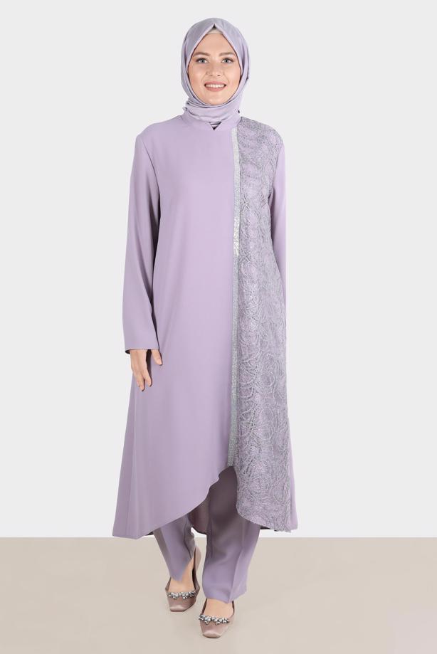 Tesettür giyim MOR ALVİNA PUL PAYETLİ PANTOLONLU TAKIM T 30274 - TRENDTESETTÜR