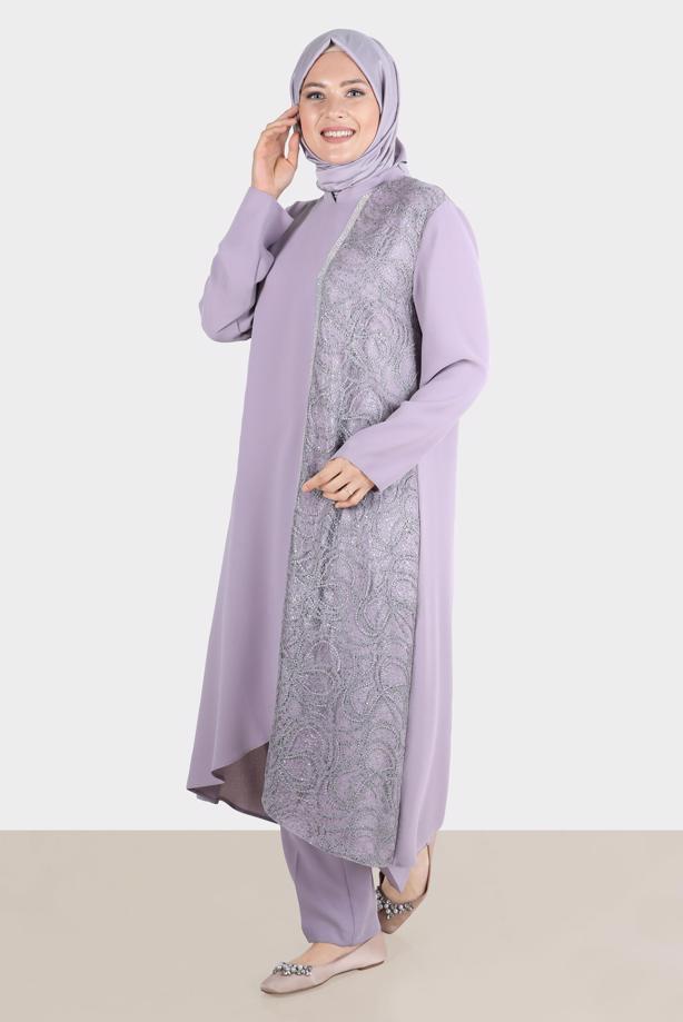 Tesettür giyim MOR ALVİNA PUL PAYETLİ PANTOLONLU TAKIM T 30274 - TRENDTESETTÜR
