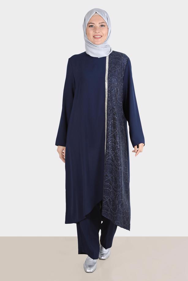 Tesettür giyim LACİVERT ALVİNA PUL PAYETLİ PANTOLONLU TAKIM T 30274 - TRENDTESETTÜR